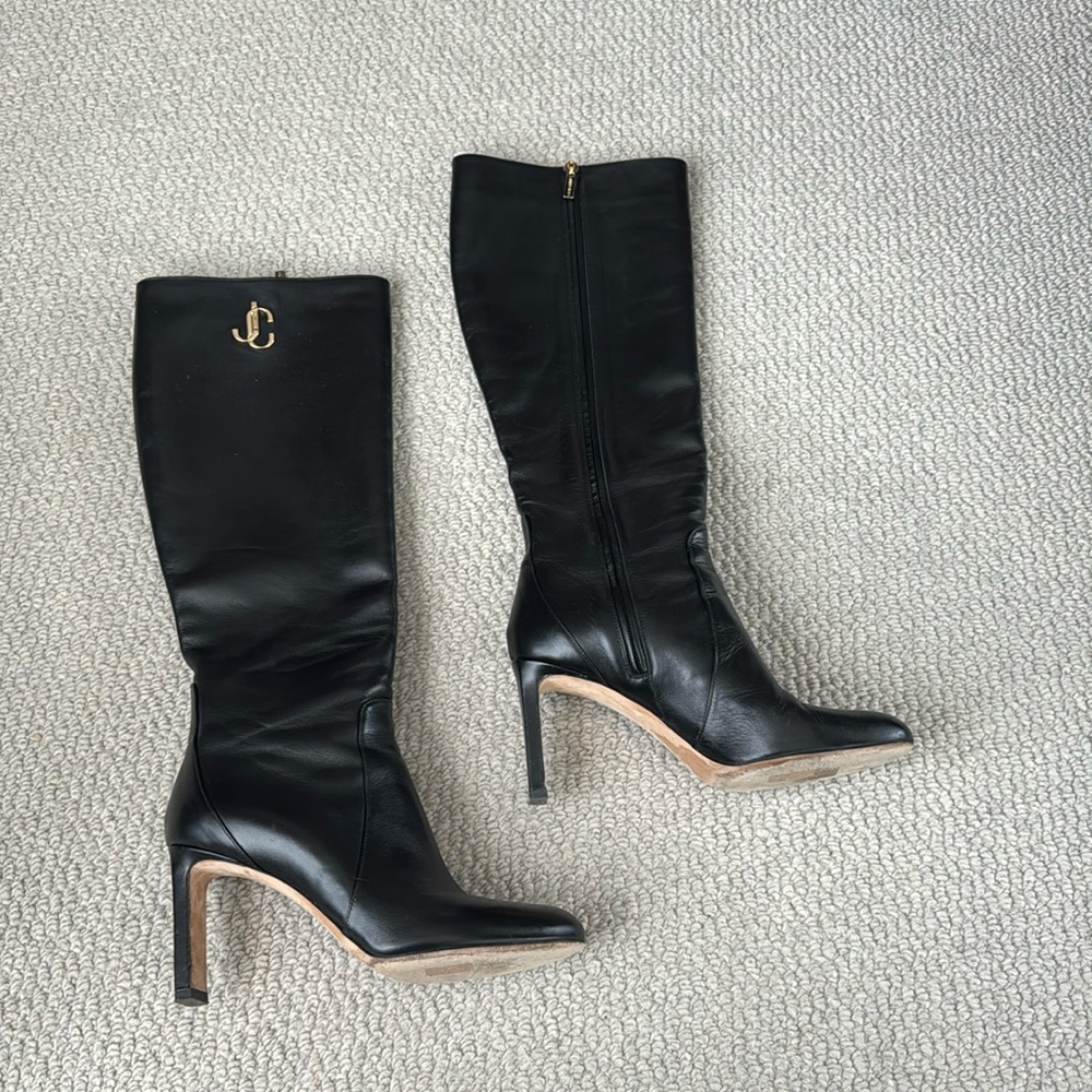 Jimmy Choo black leather knee high boots. Size 38.